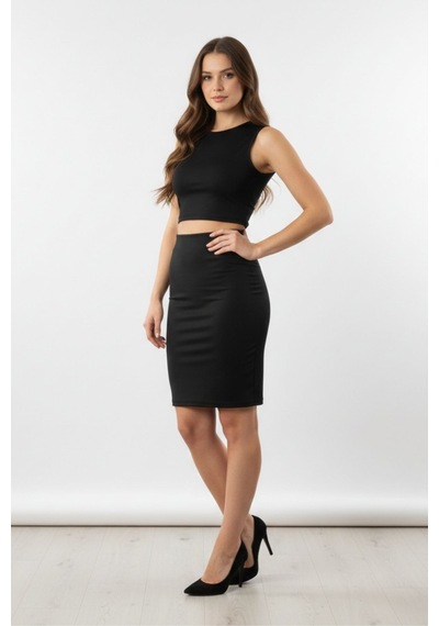 Sermoda Kalem Etek - Bel Lastikli Slim Fit Midi Kalem Etek Ks Siyah Us Siyah