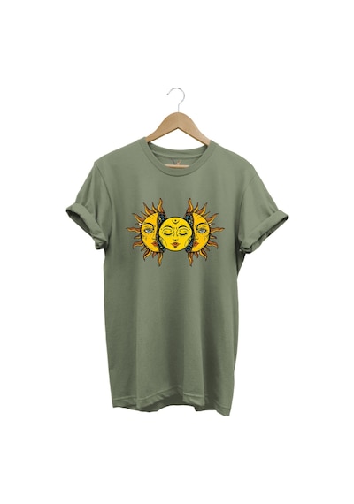 Güneş Baskılı %100 Pamuk Regular Fit Unisex T-shirt Haki