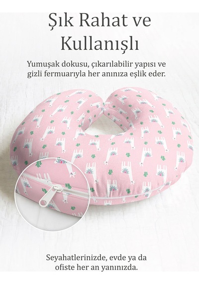 Lama Desenli Pamuklu Boyun Yastığı - Sevimli Pembe Yeşil Çocuk & Yetişkin Seyahat Yastığı Çok Renkli