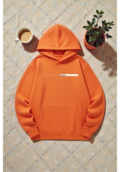 Uyguntarz Unisex Future Baskılı Oversize Sweatshirt Turuncu