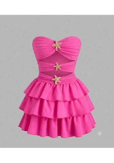 Pink Life Santorini Sunset Koyu Pembe Dn.yıldızı Mini Elbis