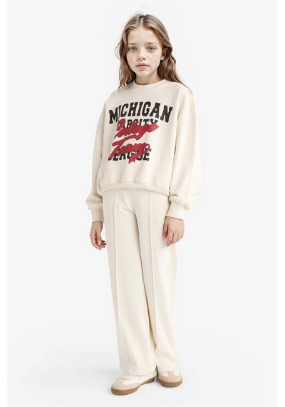 Defacto Kız Çocuk 2li Takım Baskılı Sweatshirt Eşofman Altı F2564a825auer238 Ekru
