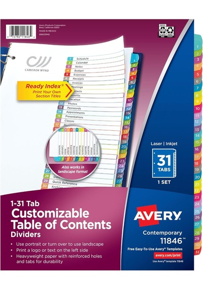 3 Halka Bağlayıcı İçin 1-31 Tab Bölücüler, Özelleştirilebilir İçindekiler, Çok Renkli Sekmeler, 1 Set, 12 Paket 11846
