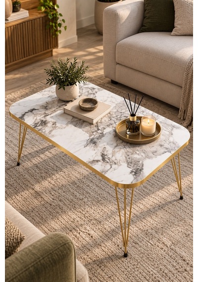 Sulorahome Gold Detaylı Mermer Desenli Orta Sehpa Altın - Mermer