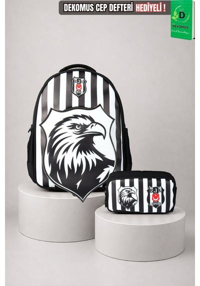 X Dekomus Lisanslı Beşiktaş Özel Tasarım 3d Kartal Küçük Boy Anaokul Çantası Ve Kalem Çantası Seti Açık Gri