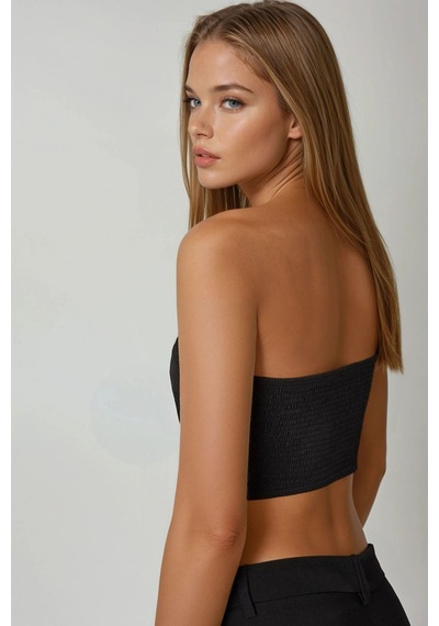 Hiccup Arkası Gipeli Straplez Crop Top Siyah