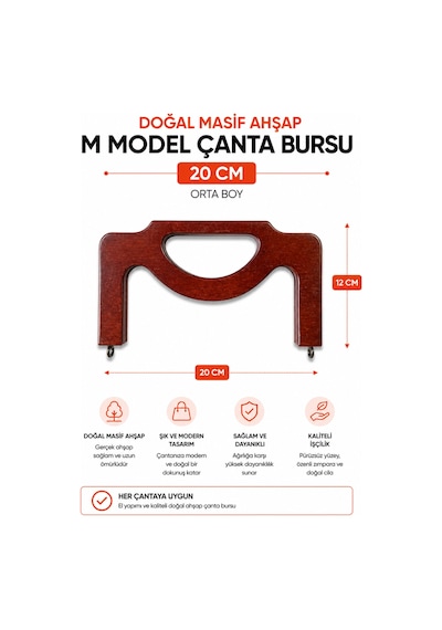 Vollen Yarn Doğal Masif Ahşap M Model Çanta Bursu 20 Cm El Yapımı Çanta Çerçevesi Çanta Aparatı Çanta Aksesuarı Kahverengi