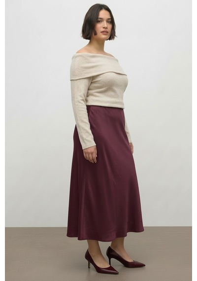 Myline Saten Midi Etek Bordo