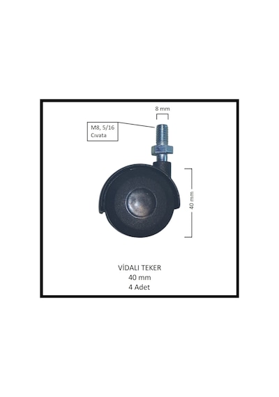 M8 5/16 Vidalı Mobilya Tekerleği, 40 Mm 4 Adet , Ofis Koltuk, Dolap, Etejer, 360 Derece Döner Siyah