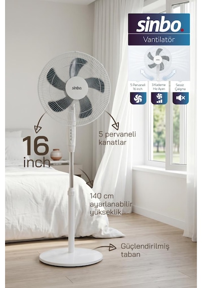 Sinbo Sf-7705 Ayaklı Vantilatör 16 Inç 45w Sessiz Fan 3 Kademeli Yükseklik Ayarlı Güçlü