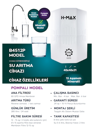 12 Litre Pompalı 15 Aşama Su Arıtma Cihazı Hmaxb4512p