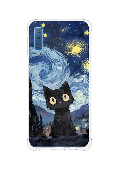 Samsung Galaxy A7 2018 Uyumlu Gece Yarısı Kedi Tasarımlı Baskılı Silikon Kılıf