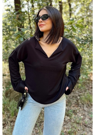 WeShaya Kadın Siyah Uzun Kol, Duble Manşet, Yırtmaçlı Yaka, Salaş Sweatshirt Bluz Siyah WeShaya Kadın Siyah Uzun Kol, Duble Manşet, Yırtmaçlı Yaka, Salaş Sweatshirt Bluz Siyah