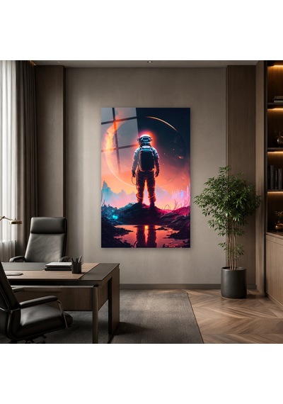 Kızıl Gezegende Duran Astronot Çerçevesiz Cam Tablo