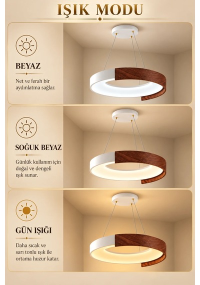 Premıum Modern Ahşap Görünümlü Halka Led Sarkıt Avize 3 Renk Dekoratif Aydınlatma 56w 50 Cm Beyaz