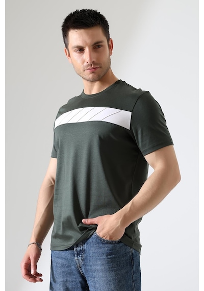 Rıbana Classıc Erkek İki Renk Parçalı Bisiklet Yaka T-shirt - Pamuklu Tişört Haki