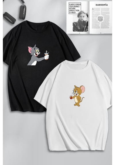 Unisex Kadın Erkek Tom Ve Jerry Çay Baskılı Sevgili Çift Kombini Tasarım Oversize Tshirt 2li Siyah Beyaz Mck0490 Siyah Beyaz