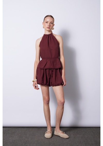 Dantel Detaylı Müslin Top Bordo