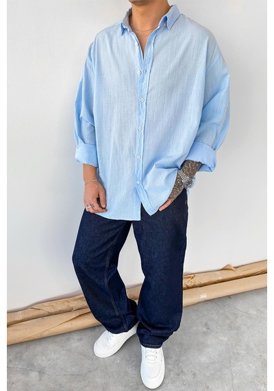 Bebe Mavi Oversize Fresh Keten Gömlek Bebe Mavi