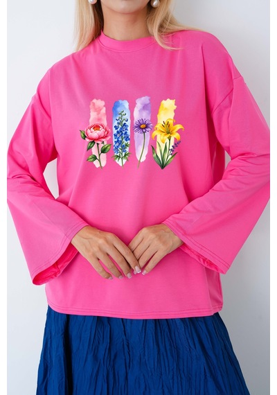 Herkesemoda Renkli Çiçekler Baskılı Tesettüre Uygun Oversize Body Pembe