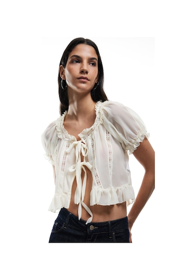 Koton Dantel Detaylı Kısa Balon Kollu Bağlamalı Fiyonklu Crop Bluz Ekru 5sal60131ıw Ekru