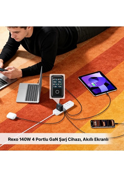 Unıtek Rexo 140w 4 Portlu Akıllı Ekranlı Gan Sarj Cihazı P1132abk01-eu