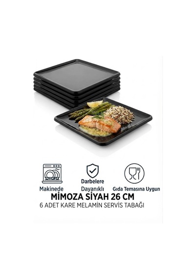 6 Adet Kare Melamin Tatlı Servis Sunum Tabağı Makinede Yıkanabilir Mimoza Siyah 26 Cm
