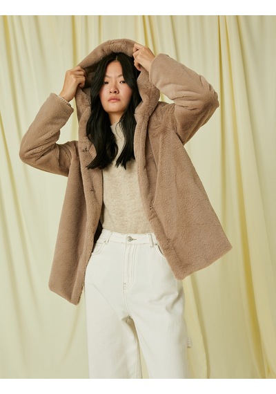 Koton Kapüşonlu Oversize Peluş Kısa Kaban Vizon 3wak00073ew Vizon