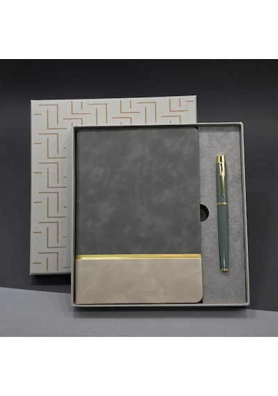 Mobgift Altın Şeritli Tarihsiz Soft Deri Defter Ve Roller Kalem Seti Gri
