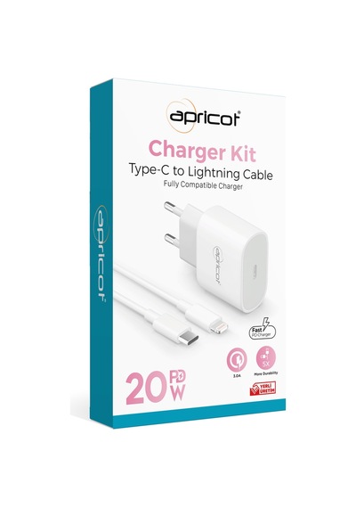 Apricot APC-PD20L Type-C 20W + Type-c To Lightning Beyaz Ev Şarj Adaptörü Seti