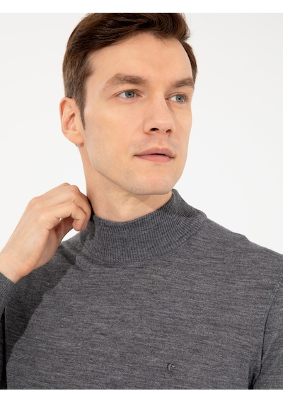Cacharel Füme Slim Fit Yarım Balıkçı Basic Triko Kazak Gri