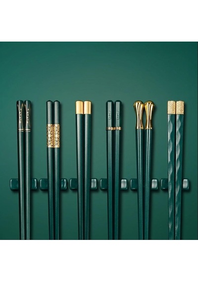 Valkyrie 5 Çift Yemek Çubuğu Seti 24,3 Cm Japon Kore Sushi Chopsticks Lüks Altın Detaylı Yeşil