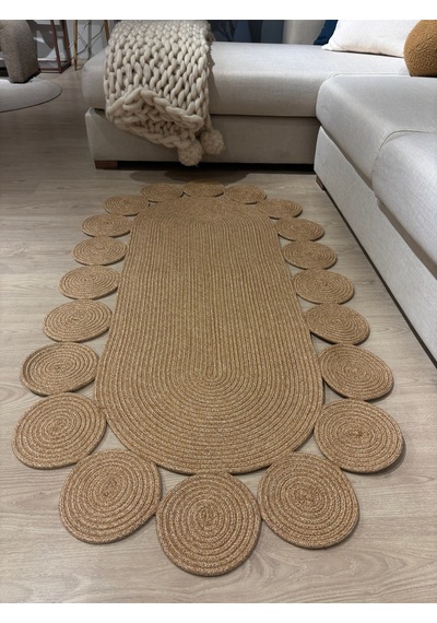 Mavaux Oval Papatya Hasır Jüt Çiçek Desenli Kilim Halı Bej