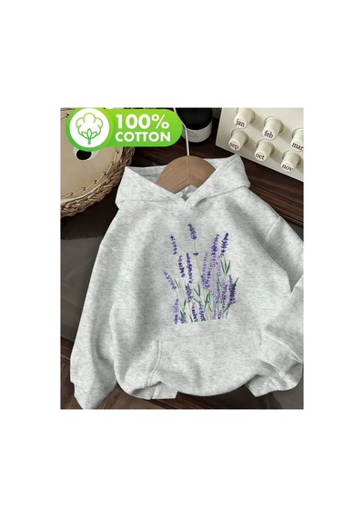 Herkesemoda Mor Çiçek Baskı Detaylı Kapüşonlu Sweatshırt Gri Gri