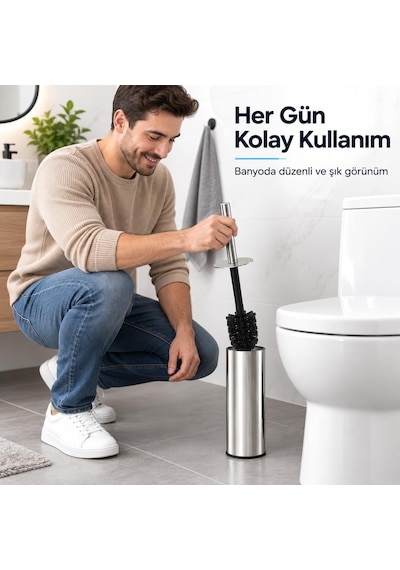 Paslanmaz Çelik Tuvalet Fırçası, Kapaklı Wc Fırçası Seti, Gümüş Renk, Modern Banyo Ve Tuvalet Aksesuarı, Tuvalet Fırçası Beyaz - Çok Renkli