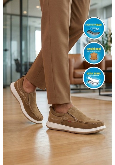 Voyager Erkek Kum Nubuk Hakiki Deri Kolay Giyilebilir Hafızalı Rahat Taban Casual Ayakkabı Loafer 6501 M Bej