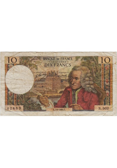 Fransa 10 Frank 1969 Voltaire Temalı. İğne Delikleri Ve Kenarlarda Bir Kaç Ufak Yırtık Var Çok Temiz -