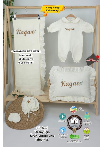 Gros Shop Müslin Yeni Doğan 4katlı Organik %100pamuk Kişiye Özgü Nakışlı Hastane Çıkış Seti Yaprak Desen-2 Ekru-1