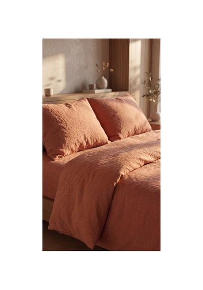 %100 Pamuk Keten Çift Kişilik Nevresim Takımı Lastikli Çarşaflı 200x220 Cm Tarçın Rengi - 904806307 Tarçın Rengi