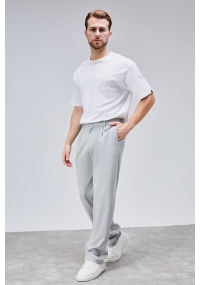 HLT Jeans Erkek Gri Çift Pileli Rahat Kesim Beli Lastikli Bol Paça Baggy Pantolon Albert-1990 Gri