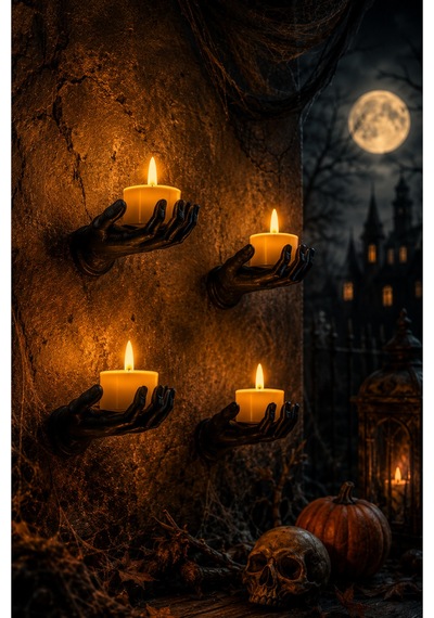 Cadılar Bayramı Temalı El Şeklinde Duvar Mumluğu 4 Lü Set Halloween Dekoratif Mumluk Siyah