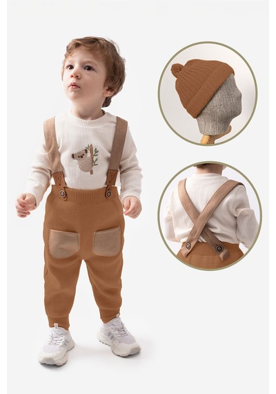 Miniğimin Cicileri Triko Salopet Erkek Bebek 3 Lü Takım - Kahverengi