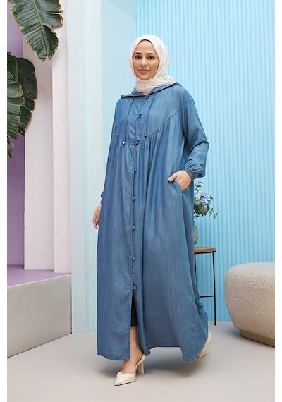 6635-brit Düğmeli Denim Ferace Koyu Mavi Koyu Mavi