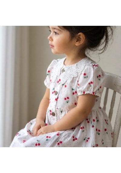 Nota Kids Kız Çocuk Beyaz Kiraz Desenli Bebek Yaka Pamuklu Yazlık Elbise