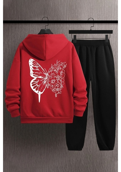 Uyguntarz Unisex Drawing Butterflies Sırt Baskılı Eşofman Takımı Kırmızı