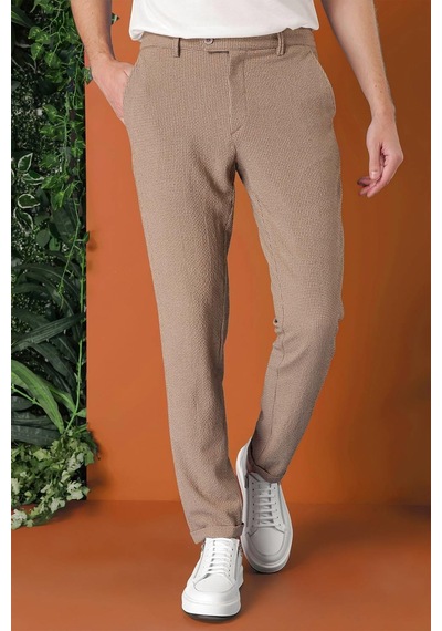 Efor Comfort Fit Beli Lastikli Pötikareli Casual Bej Pantolon P 1149 Bej