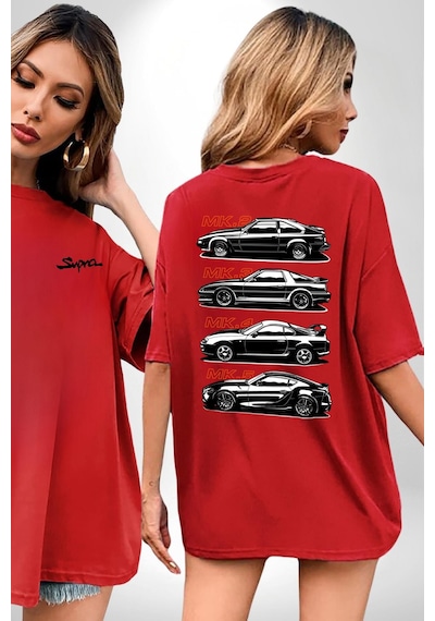 Toyota Supra Mk Serisi Kırmızı Oversize Unisex Ön Ve Sırt Baskılı Tişört Kırmızı