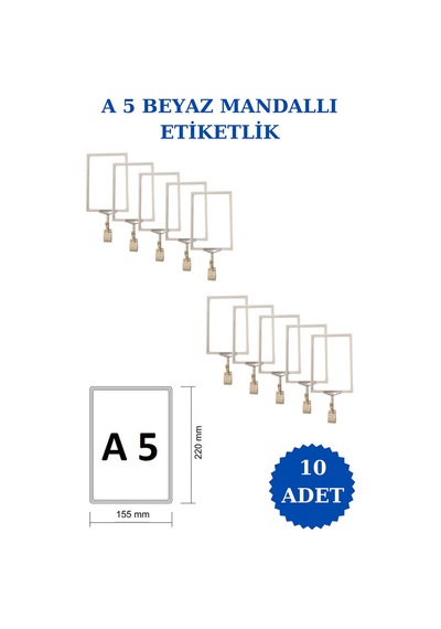 10 Adet Beyaz A5 Mandallı Raf Sepet Etiketi Çerçeveli Etiketlik Beyaz