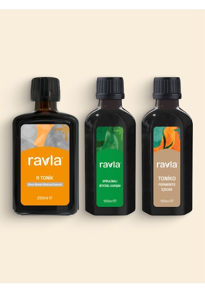 3 Lü Ürün - Ravla R Tonik Elma Sirkeli Bitkisel İçecek - 250ml / Ravla Spirulinalı Bitkisel Karışım - 100ml / Ravla Toniko Fermente İçecek - 100ml