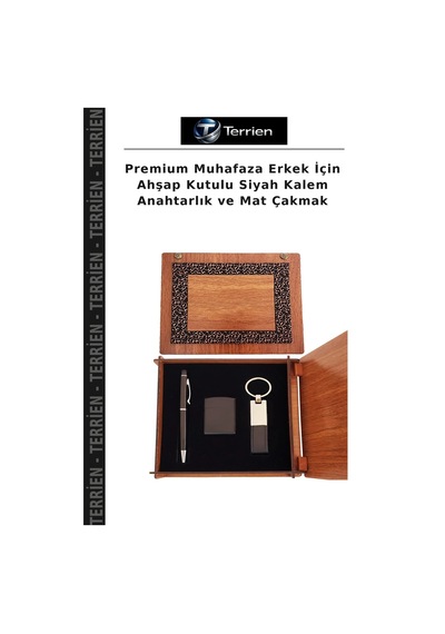 Premium Muhafaza Erkek İçin Ahşap Kutulu Siyah Kalem Anahtarlık Ve Mat Çakmak